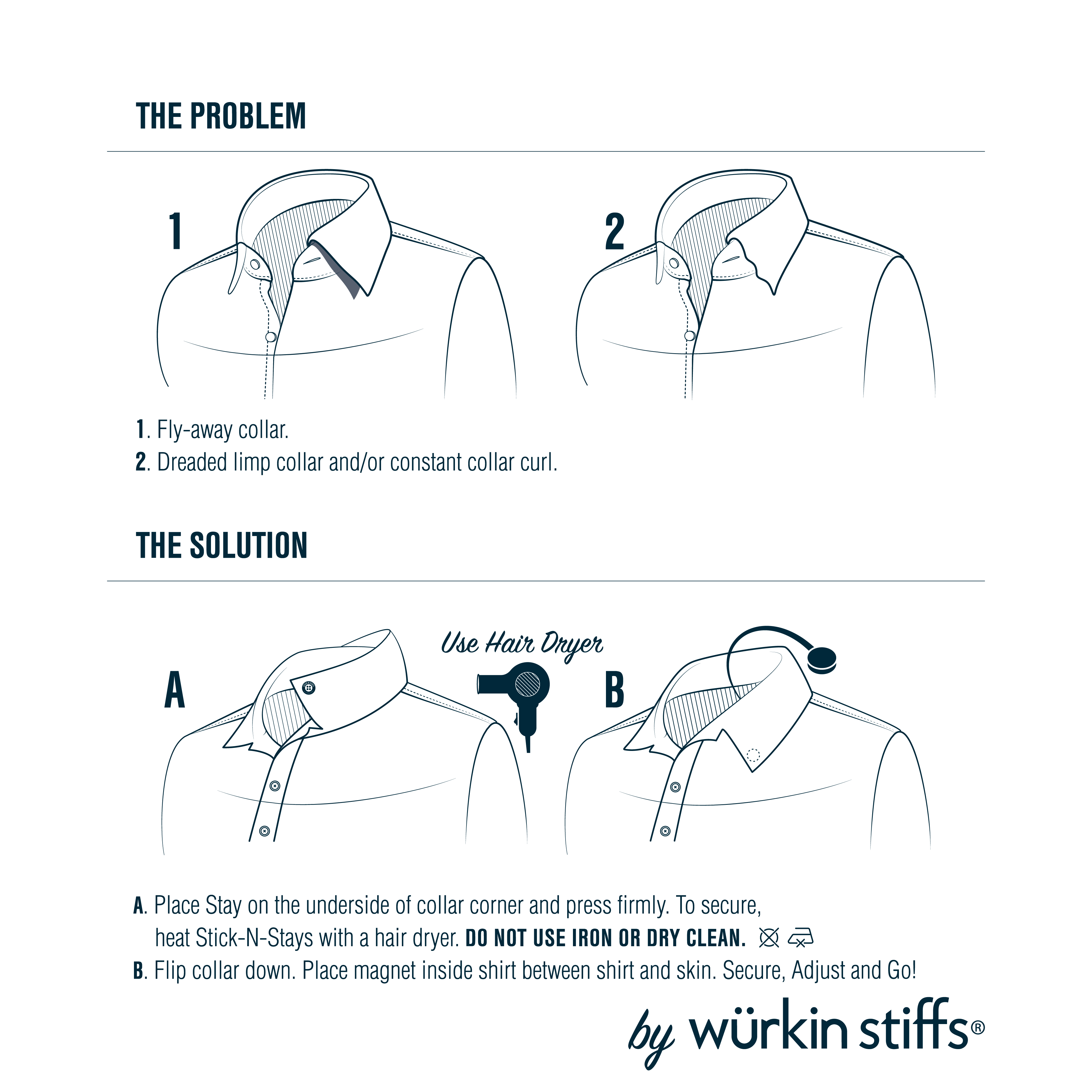 Würkin Stiffs Stick-N-Stays Polo Shirt Magnetic Collar Stays Silver